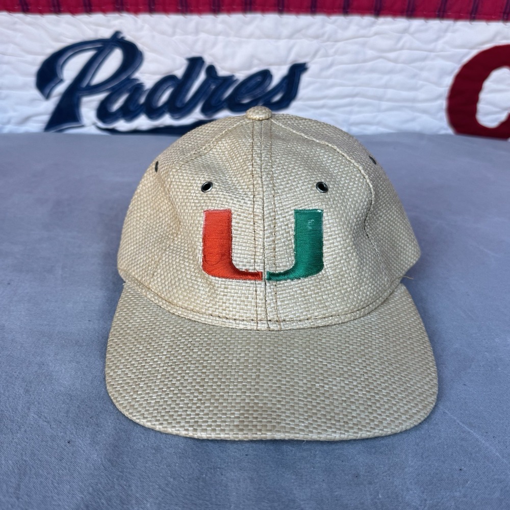 Vintage Miami Hurricanes Hat Basket Weave Woven Kudzu Cap VTG Leather Strap Back